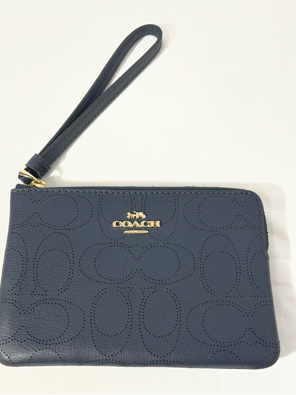 Coach Navy Perforated Signature Leather Wristlet with Gold Hardware